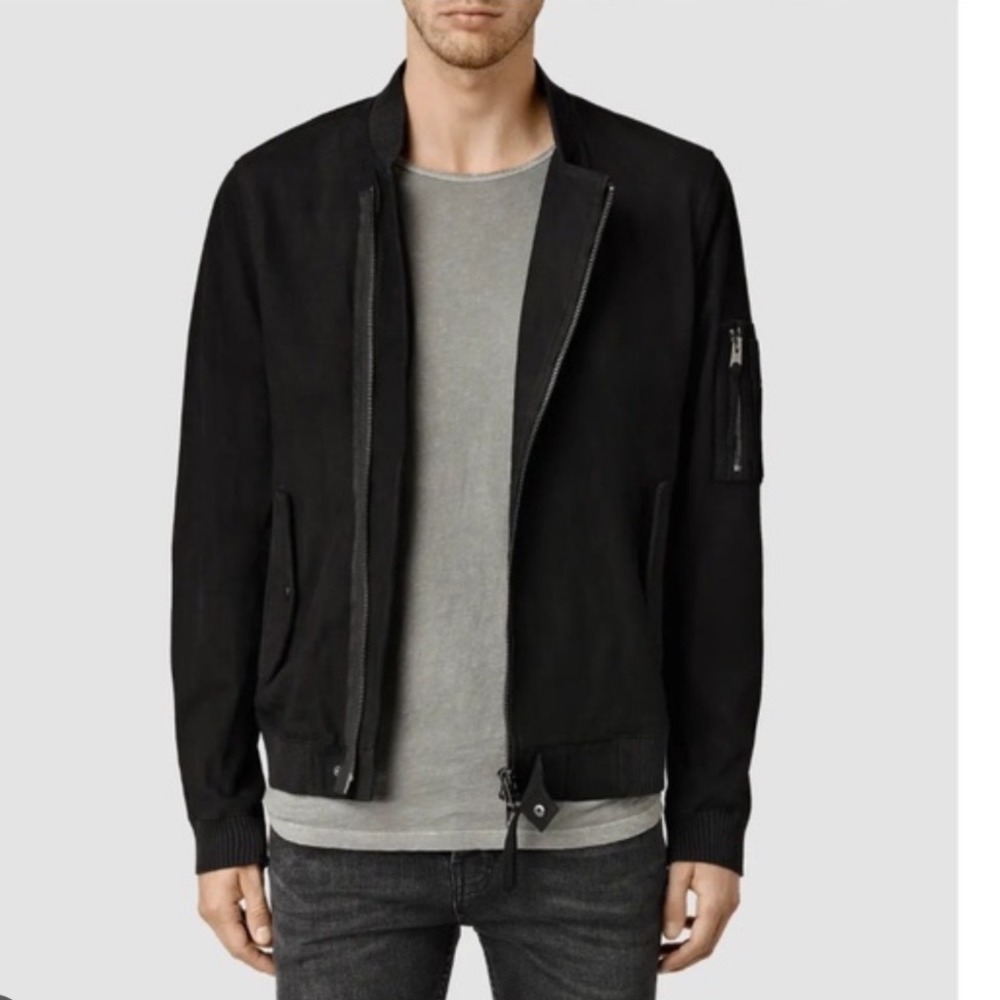 AllSaints Black Suede Sheep Leather‎ Bomber Jacket Mens Crescent Style  XS 36